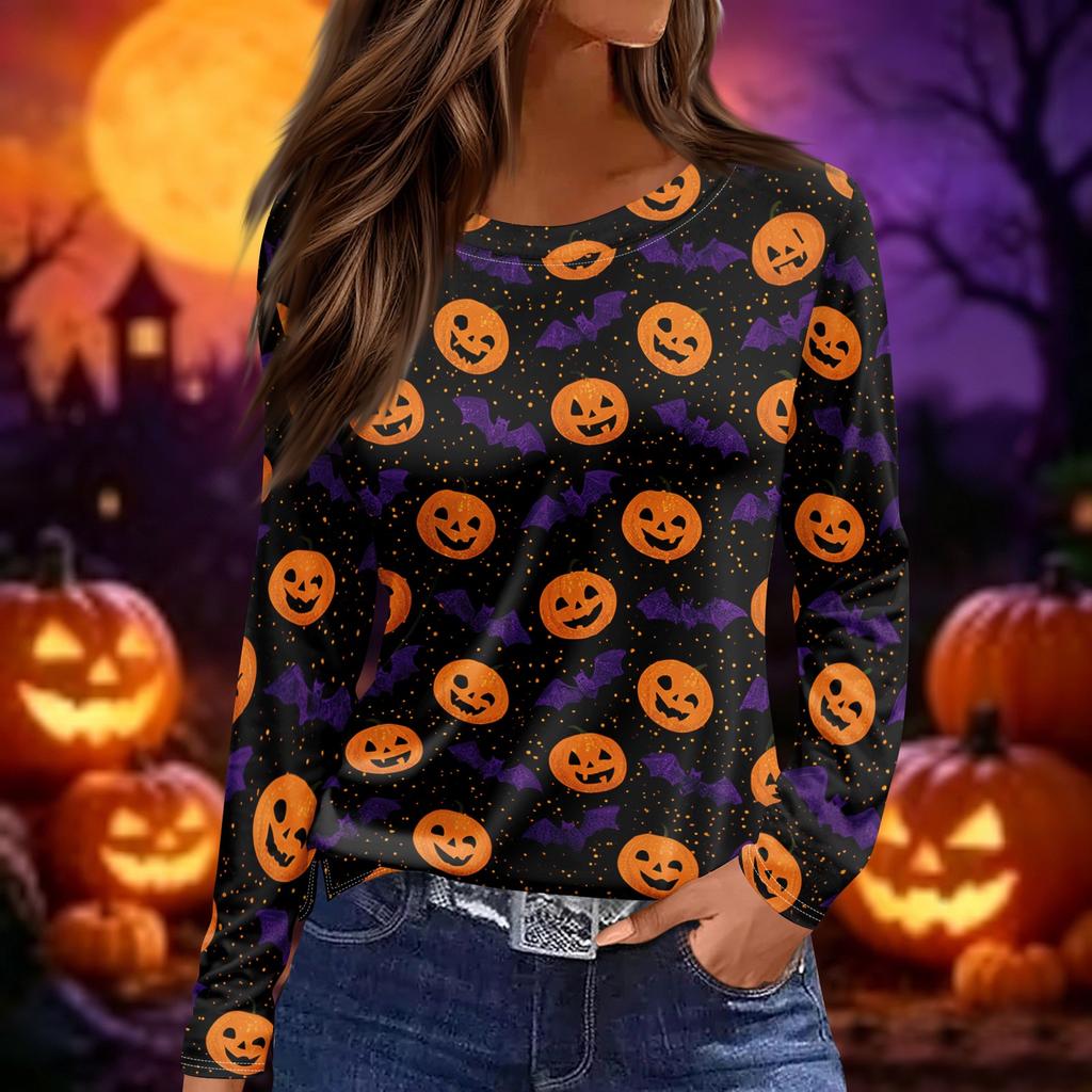 Women's Long Sleeve Neck Top with Halloween Print and Side Slit Hem for Party Casual Wear