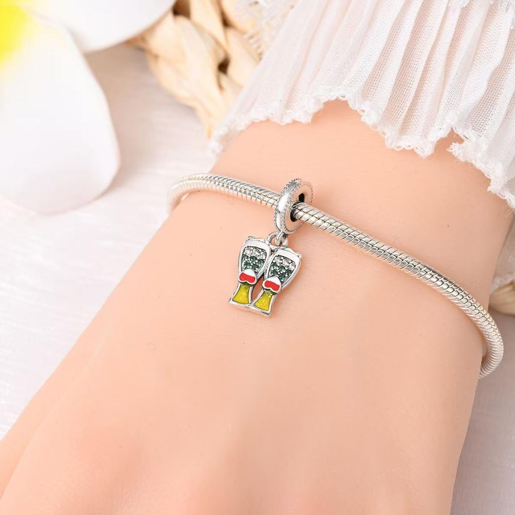 Colgante de copa de vino y cerveza con diseño creativo original, cuentas de plata 925, estilo DIY, accesorios de joyería, pulsera, regalo, accesorios de pulsera con dijes.