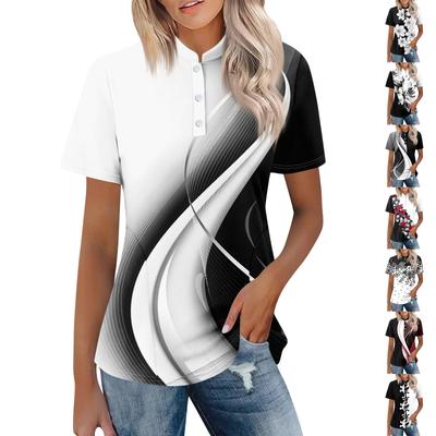 Damen-T-Shirt mit lässigem Blumendruck, V-Ausschnitt, kurzen Ärmeln und dekorativen Knöpfen