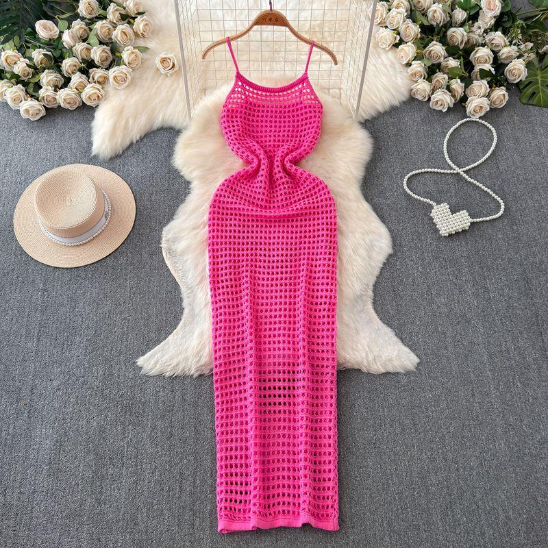 Bohemia Seaside Holiday Hollow Backless Spaghetti Straps Knitted Dress Women's High Waist Slim Looking Travel Beach Long Dress