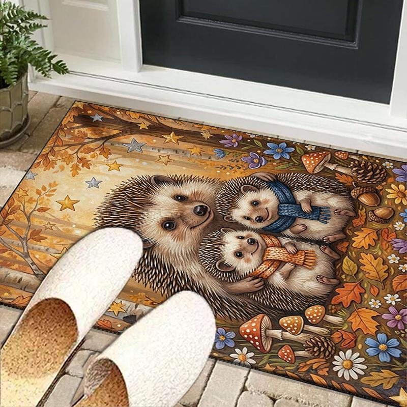 Autumnal Hedgehog Family Office Rug Chair Mat, Entryway Carpet, Suitable for Front Door, Bedroom, Living Room, Desk, Holiday Gift