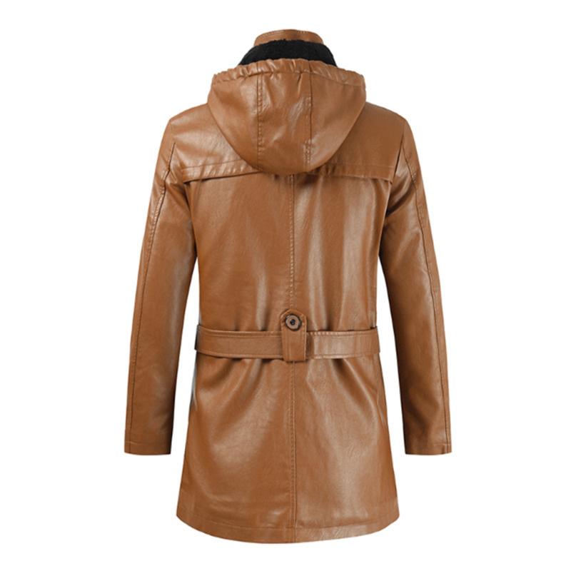 New  Autumn Hooded Winter Men's Leather Long Coat Trench Motorcycle Jackets Trendy Fleece Warm Comfortable Windbreaker