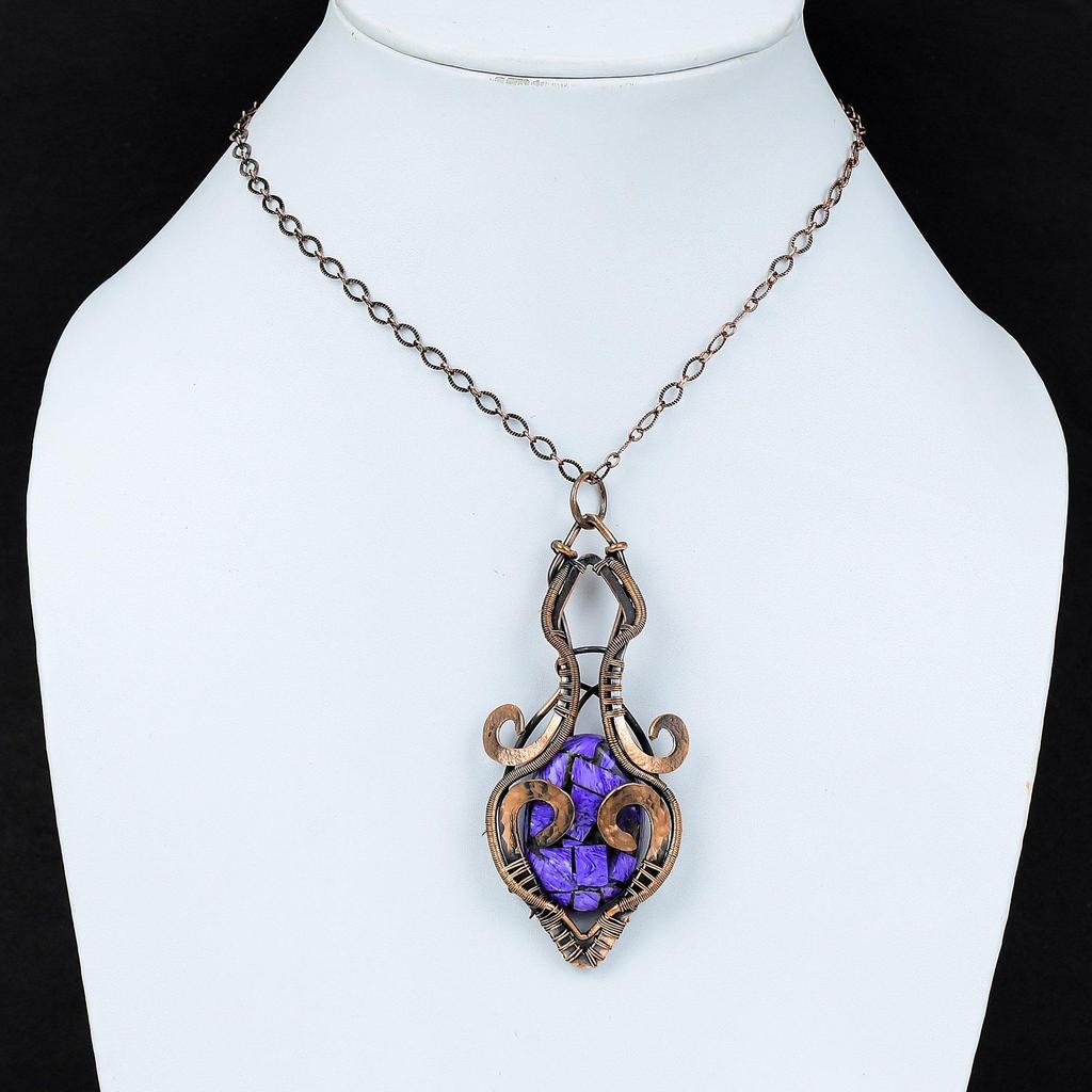Copper Charoite Pendant Copper Wire Wrapped Gemstone Jewelry Handmade Boho Pendant Antique Copper Pendant Gift For Him Wire Wrapped Pendant