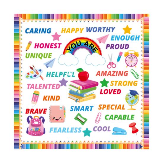88Pcs/Set Back To School Bulletin Board Decoration Rainbow Book Pencil Notebook Letter Wall Sticker Welcome Party Blackboard Background Decor