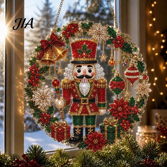 Decorative Acrylic Craft Christmas Faux Diamond Art Suncatcher, 2D Flat Window Hanging Ornament, Seasonal Home Accents Beaded Pattern Holiday