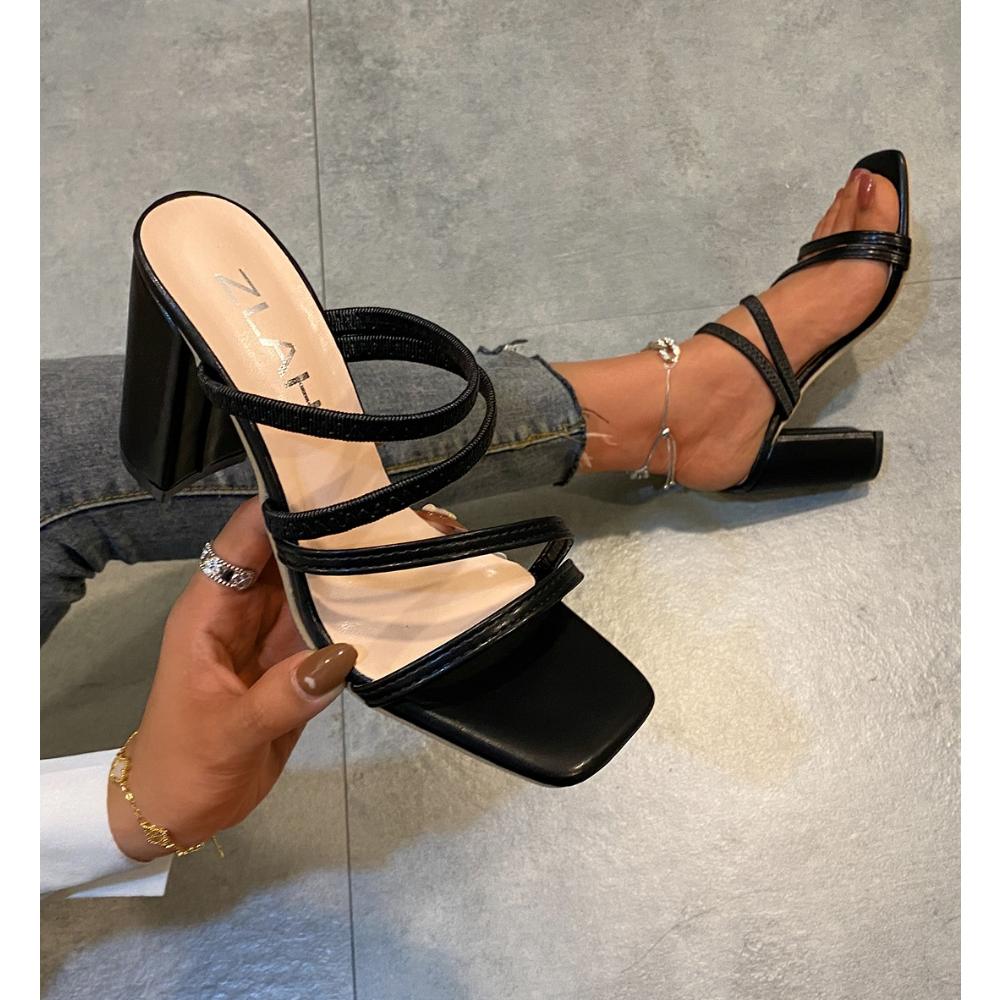 

Горячие Новые Женские Сандалии Лето Дизайн Роскошного Бренда Заклепки Высокие Каблуки Модные Женские Сандалии на Толстом Каблуке Сексуальные Сандалии с Открытым Носком Женская Обувь 43 чёрный