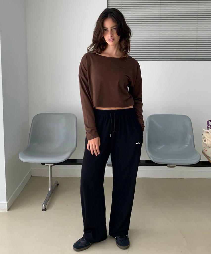 INJIACTIVE Boat Neck Long Sleeve Top Brown