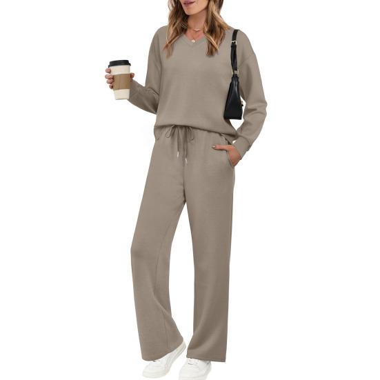 

Two Piece Outfits for Women Casual Fall Lounge Sweatsuits Long Sleeve V-Neck Top Wide Leg Pants Matching Sets XL