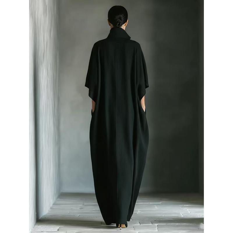 Luxuriöses Elegantes Hoher Stehkragen Tiefes V Maxikleid Fledermausärmel Strukturierter Stoff Lockerer Schnitt mit Taschen Seitenschlitz Büro Party Frühling Sommer Kleidung