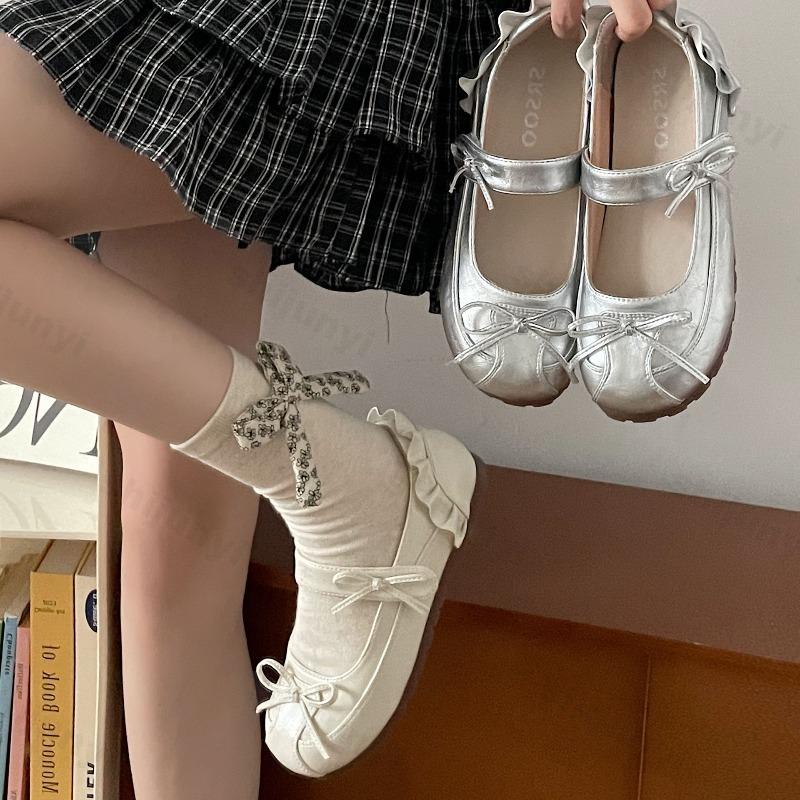 Women's Flat Ballet Shoes 2025 Autumn New Vintage Bow Knot Mary Jane Shoes Lightweight Comfortable Non Slip Casual Shoes