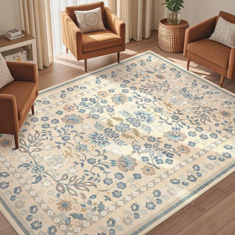 Boh Rural Style Plants and Flowers Print Large Area Rug Design Non-Slip Carpet for Living Room Bedroom Soft Floor Mat Home Decor