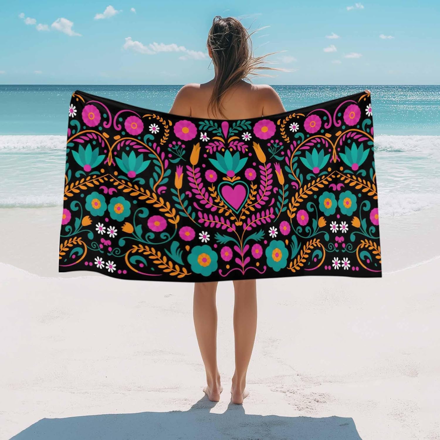 Lampada White Beach Towel Colorful Mexico Bath Pool Towels Abstract Floral Leaves Absorbent Beach Towel Soft Large Quick Lightweight Camping