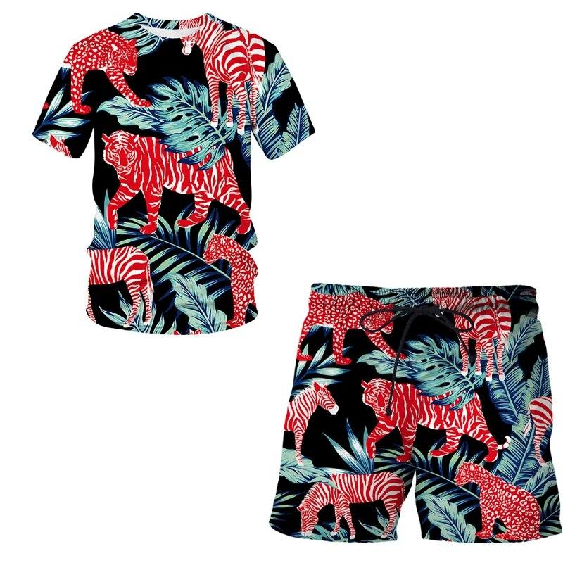 Herren-Sportanzug, T-Shirt + Shorts, Trainingskleidung, 2-teiliges Set, kurzärmelige Sportbekleidung mit Cartoon-Tier-3D-Leopardendruck