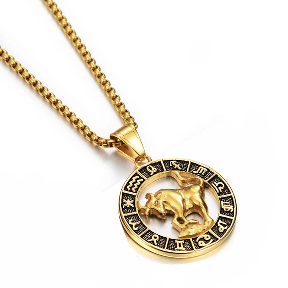 Gold Stainless Steel Zodiac Necklace Leo Scorpio Pendant for Women Men 12 Constellation Round Charm Jewelry Gift