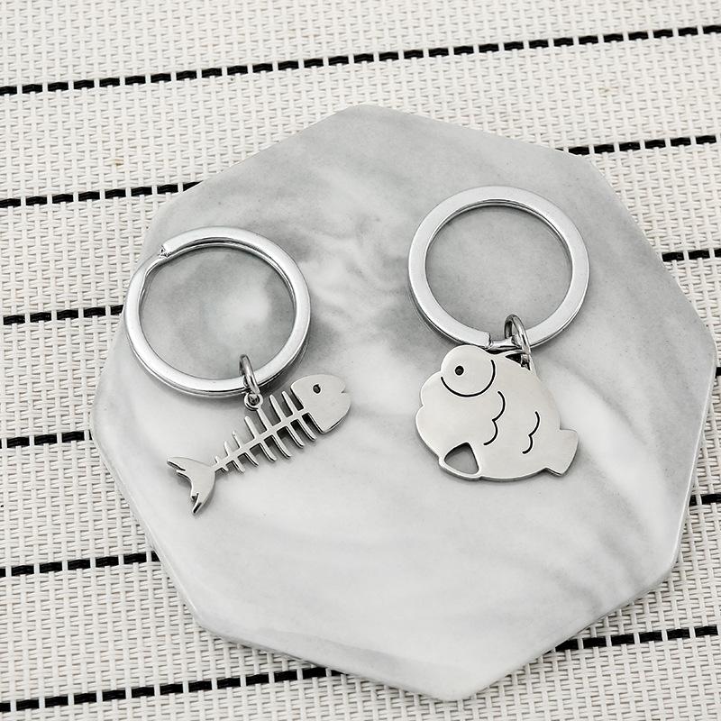 Fish Bone Cat Stainless Steel Keychain Cute Cartoon Matching Style Fashion Couple Friend Pendant Practical Bag Decoration