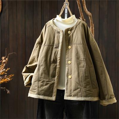 Women Vintage O-Neck Long Sleeve Solid Color Coats Autumn Button Pockets Casual Coats
