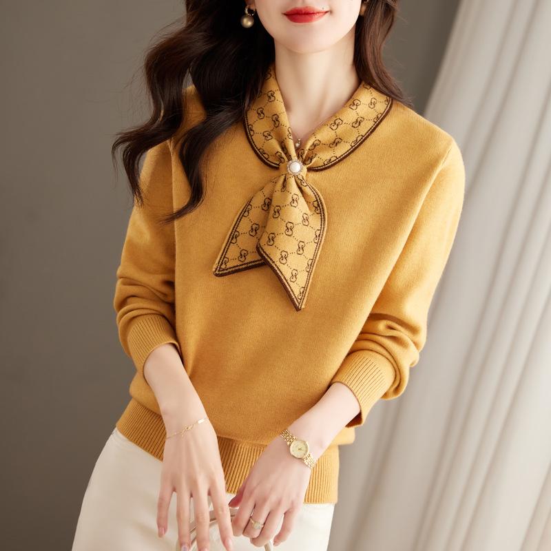 Women's knitted sweater spring and autumn bow temperament retro fashion sweater thickened knitted sweater women