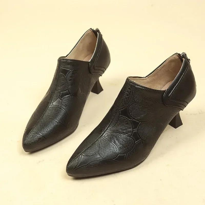 

мода женская обувь осень женские ботильоны элегантные коричневые короткие смешанные кожаные тонкие маленькие каблуки черные принты зимние 35 чёрный