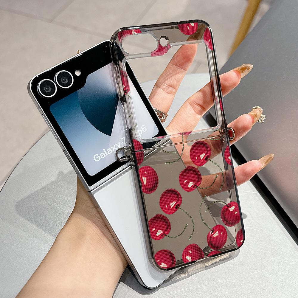 Summer Fruit Cherry Pattern Metal Connector Phone Case for Samsung Galaxy Z Flip3 Flip4 Flip5 Flip6 Flip7 Candy Color Soft TPU