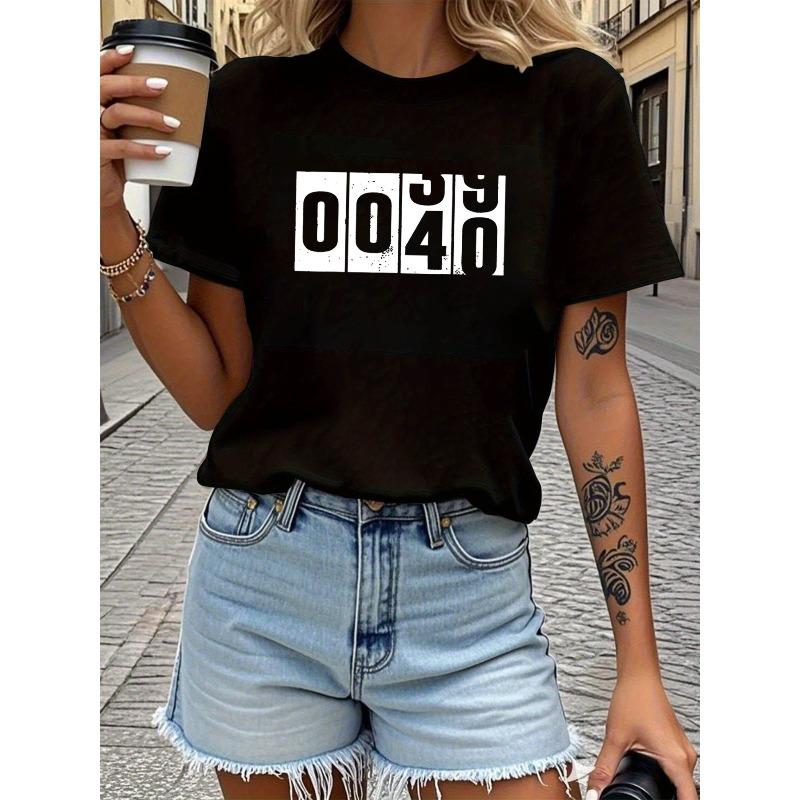 

Welcome 40Th Birthday Letter Print T-Shirt, Short Sleeve Crew Neck Casual Top for Summer & Spring, Women S Clothing S чёрный