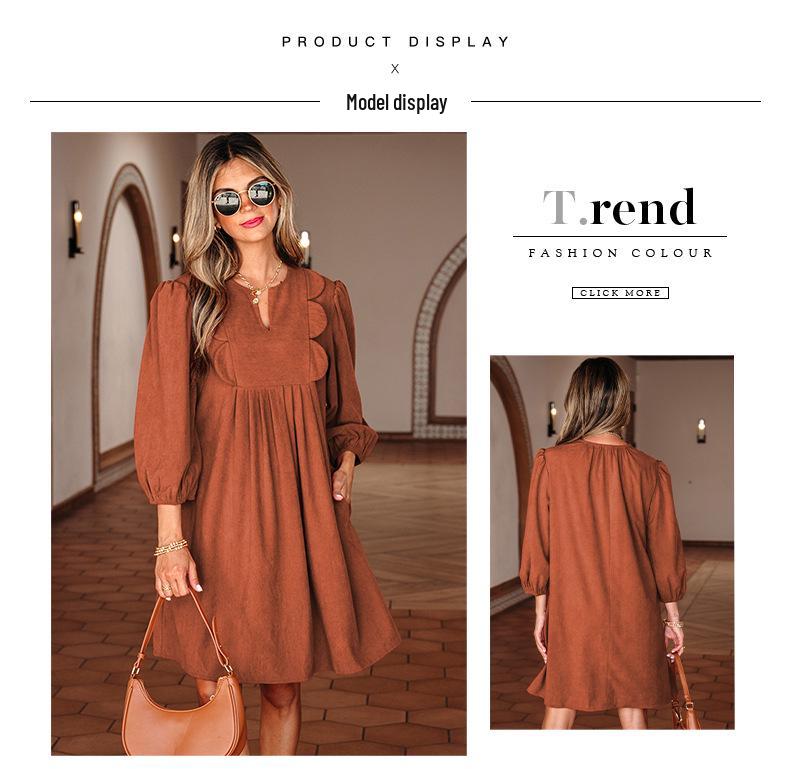 European & American Women's Pointed Collar Midi Dress: Solid Color, High Waist, 3/4 Sleeve Pullover.
