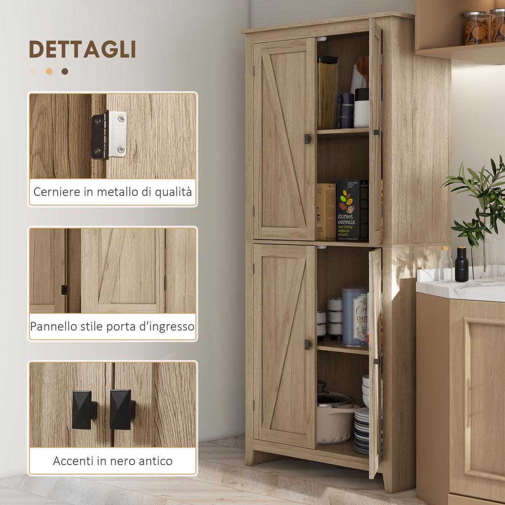 4-Door Kitchen Cabinet with Adjustable Shelves and Raised Base in Wood 80x40x182cm