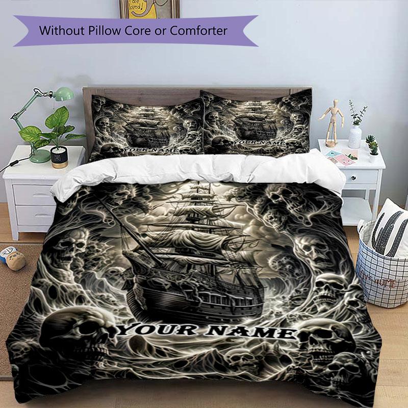 3pcs Custom Name Skeletal Ship Adventure Bedding Set Printed Bedding Set Duvet Cover Closure Includes 1 Duvet Cover & 2 Pillowcases Bedroom Decor