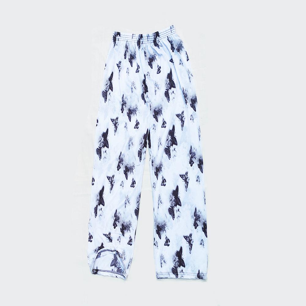 Atmungsaktive Blumendruck-Neunpunkt-Hose in Übergröße für Frauen mittleren Alters und ältere Frauen - Sommer-Eisseide, Lockeres gerades Bein Design