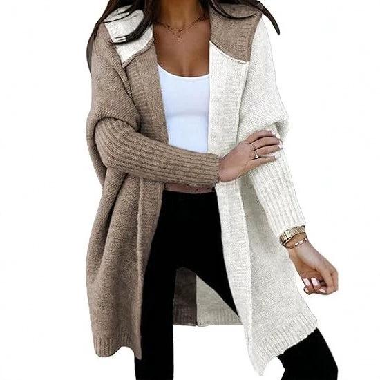 Color Block Hooded Knit Cardigan - Women's Mid-Length Outerwear for Autumn/Winter 2025