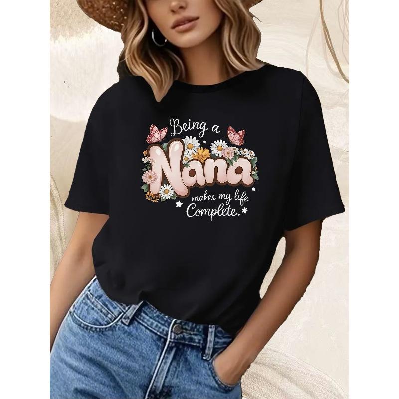 

Grandma Gift Nana Graphic Tee Black Floral Butterfly Print Being A Nana Makes My Life Complete Text Crew Neck Short Sleeve Lightweight All Season 4XL чорний