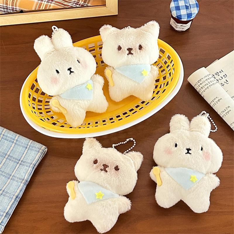 Cute Cartoon Kitten Bunny Plush Toy Keychain Kawaii Soft Stuffed Doll Keychain Pendant Car Key Ring Backpack Decoration Gifts