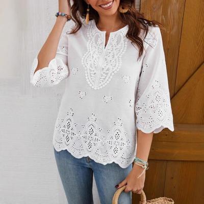 White Split Neck Three Quarter Sleeve Eyelet Embroidery Blouse for Women
