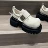 British Trendy Cool Square Head Small Leather Shoes for Women's 2025 Autumn New Models, Jue Jue Zi Thick-soled Heightening Metal Buckle Loafers