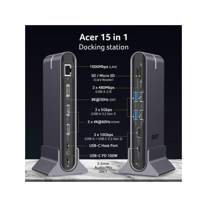 Acer Docking Station Universale Type-C 15-in-1 Grigia con Uscita Video 8K