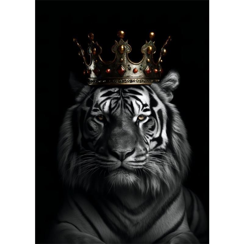 Black White Animal Kingdom Posters Canvas Print Wall Art Painting Wild Lion Tiger Eagle Bear with Gold Crown Mural Home Decor