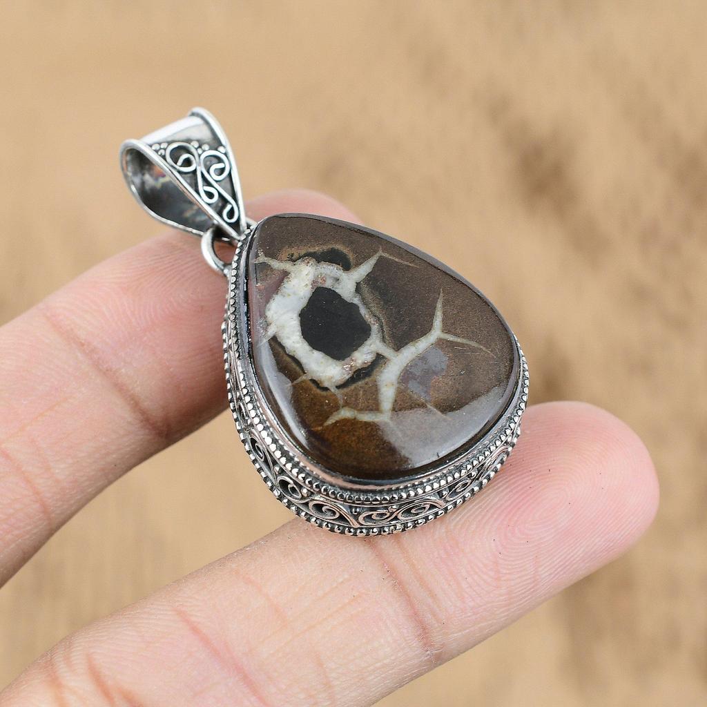 925 Silver Pear Moroccan Mud Crack Fossil Stone Wife Vintage New Pendant Jewelry