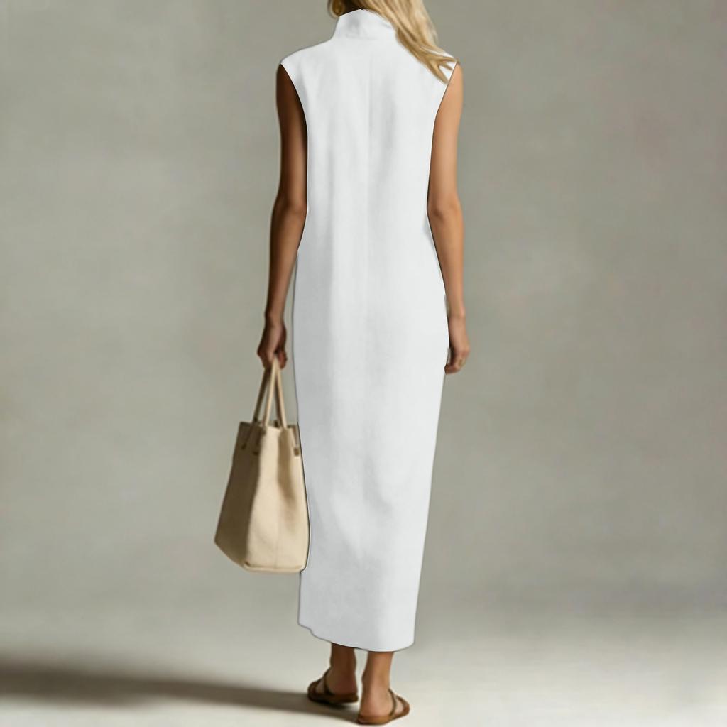 Women's Color Sleeveless Zipper Stand Up Collar Fashionable Slit Casual Dress