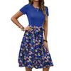 Women's Fashionable Retro Patterned Printing Color Blocked Belt Casual Dress