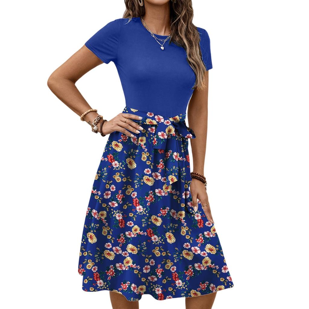 Women's Fashionable Retro Patterned Printing Color Blocked Belt Casual Dress