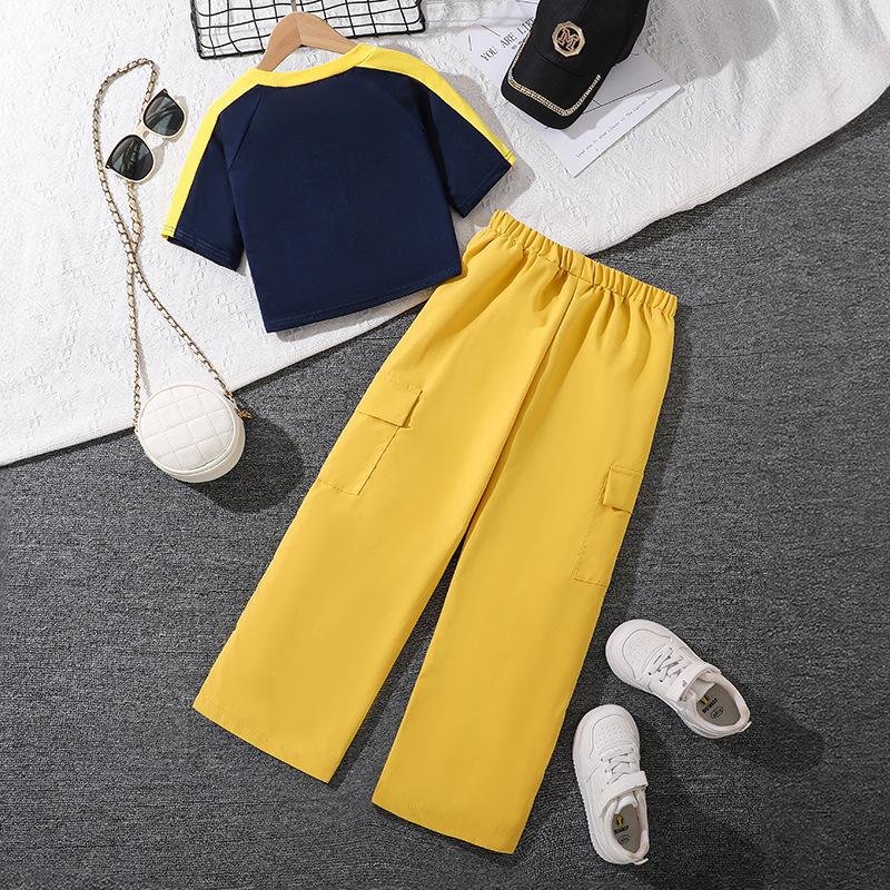 Mädchen Mode Set Sommer Kinder Kurz Slim Buchstaben Kurzarm T-Shirt Lässig Weitbeinige Hosen Zwei Sets