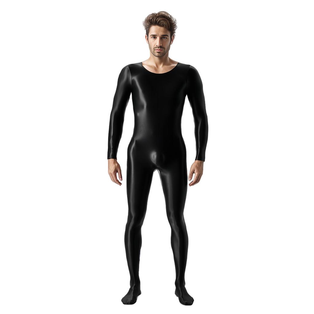 Mens Oil Glossy Bodystocking Full Bodysuit Long Sleeve Unitard Jumpsuits Stretchy Sheer Silky Romper Club Party Workout Onesie