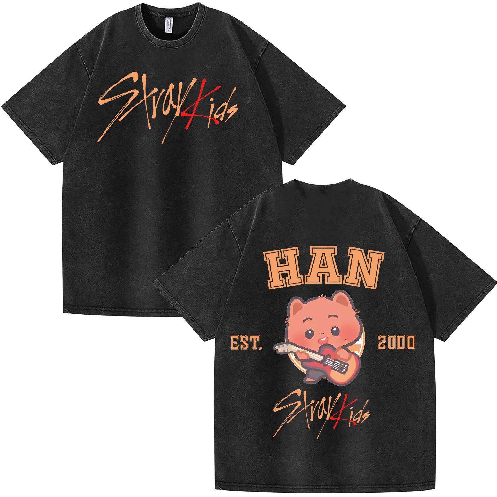 Washed Q Version Stray Kids Combination Peripheral Printing Summer Short-Sleeved T-Shirt Pure Cotton Loose S