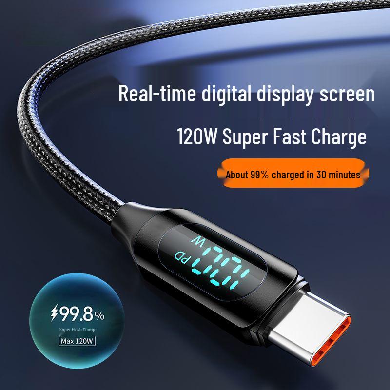 120W Super Fast Type-C Charging Cable with Digital Display for Apple 15/16 & Huawei Honor 6A