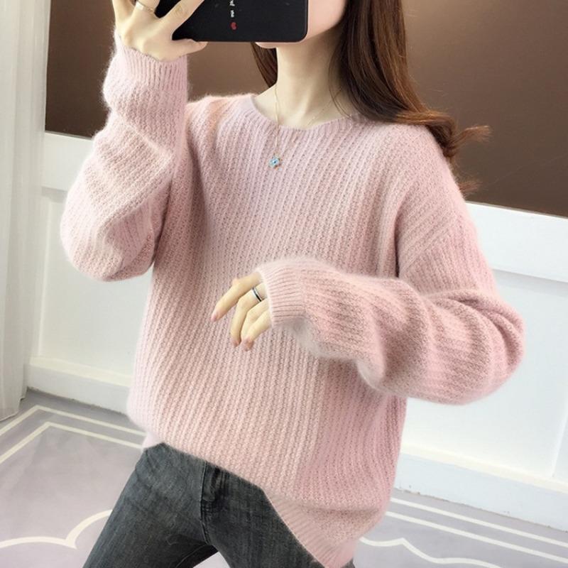 

Свитер женский осенний свободный ленивый стиль круглый вырез длинный рукав однотонный повседневный трикотажный свитер женская базовая рубашка M розовый