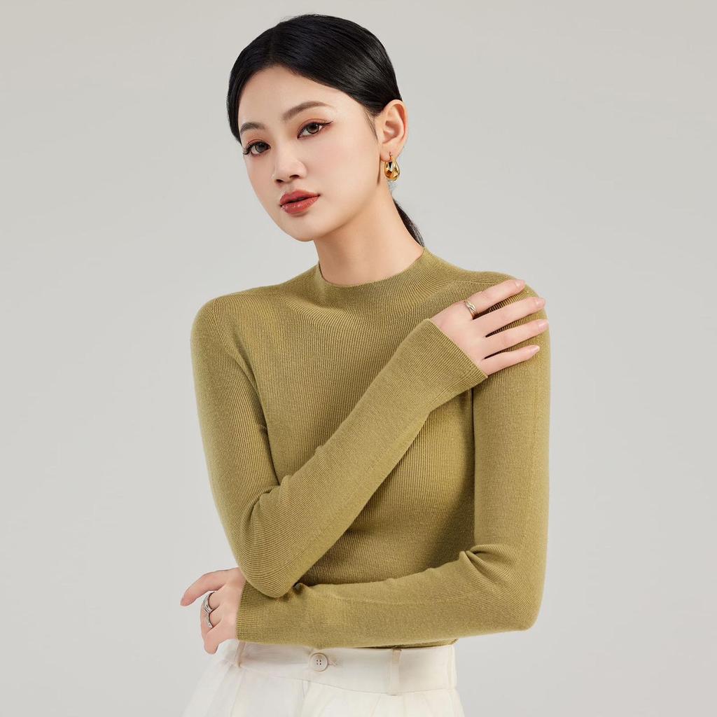 Autumn/Winter Women's Seamless 100% Wool Half-High Neck Slim Fit Sweater