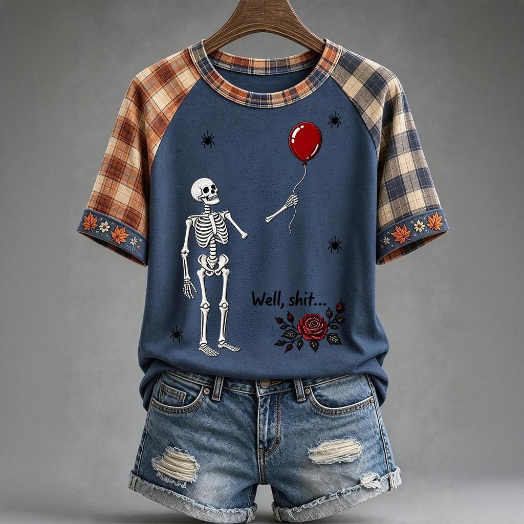 Women's Halloween Short Sleeve T-Shirt Neck Raglan Print Top