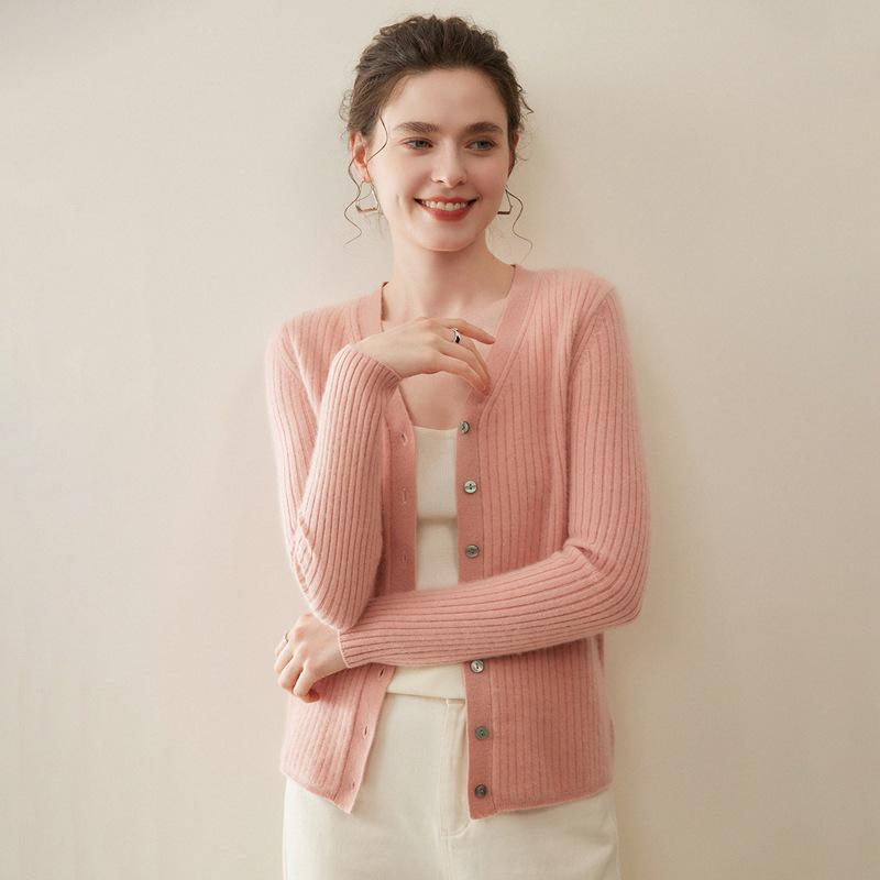 Cardigan Elegante de Color Sólido para Mujer, 100% Cachemir, Cuello en V - Capa Otoño/Invierno