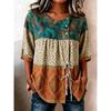 Women's Summer Boho Full Print Shirt Round Neck Three Quarter Sleeve Top
