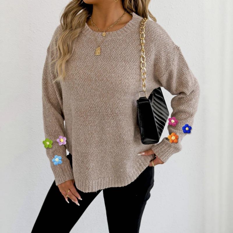 Women European Size Long Sleeve Crew Neck Crochet Flower Patchwork Pullover Sweater