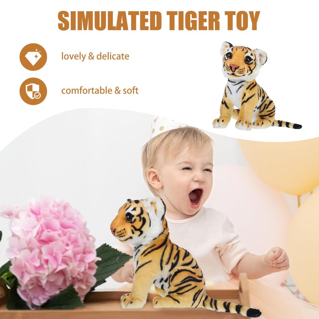 POPETPOP Tiger Plush Toy, Realistic, Year of the Tiger, 27cm, Fluffy Animal, Yellow, 27x15cm
